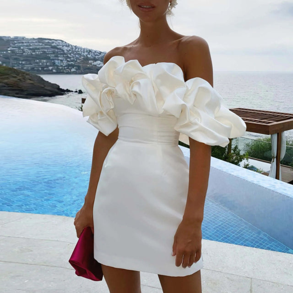 Astrid | Women’s Wedding Guest Ruffle Mini Dress in White Satin