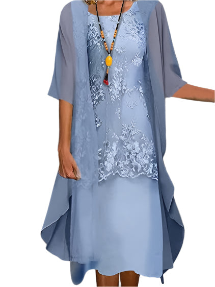 Women Wedding Guest Dress Flowing Light Blue Sheer Sleeve Midi Dress