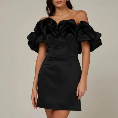 Astrid | Women’s Wedding Guest Ruffle Mini Dress in White Satin