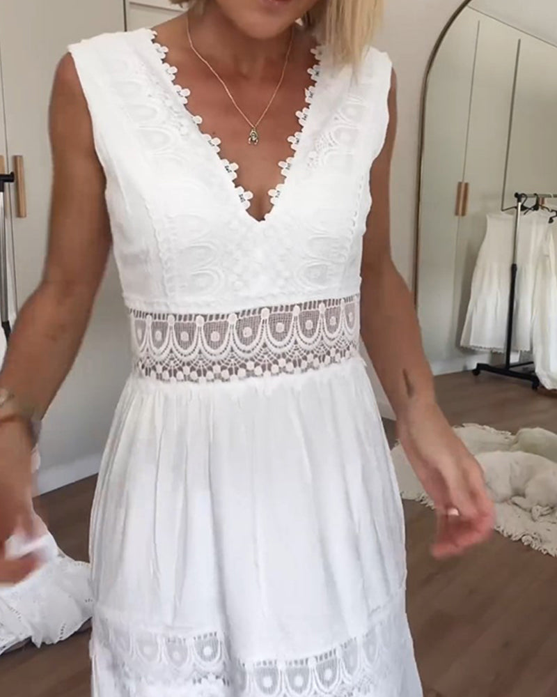 Astrid | Women's Boho Sleeveless V Neck White Midi Dress