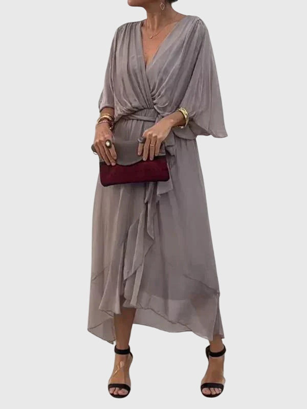 Calista | Olive Elegant Dress with V-Neck