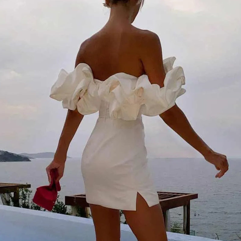 Astrid | Women’s Wedding Guest Ruffle Mini Dress in White Satin