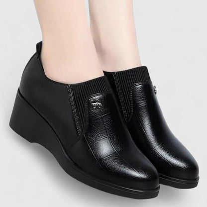 Calantha | Elegant Black Leather Wedge Shoes