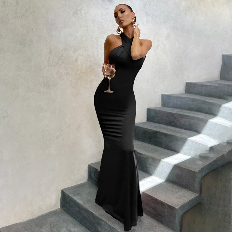 Calista | Women’s Black Fishtail Dress with Open Back and Fitted Cut