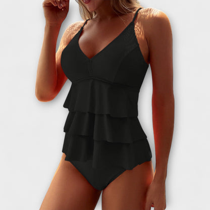 Alethea | Women's Coral Ruffle Tiered V-Neck Swimsuit