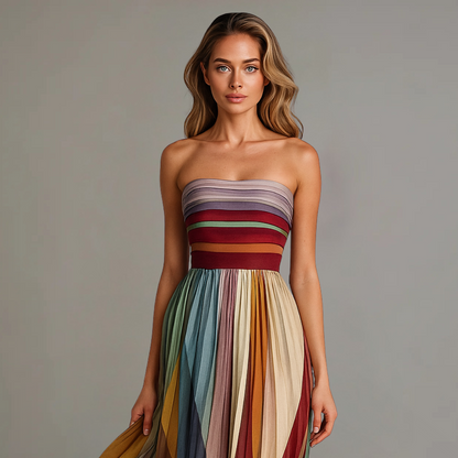 Adriana | Women’s Chic Holiday Glam Striped Pleated Maxi Dress