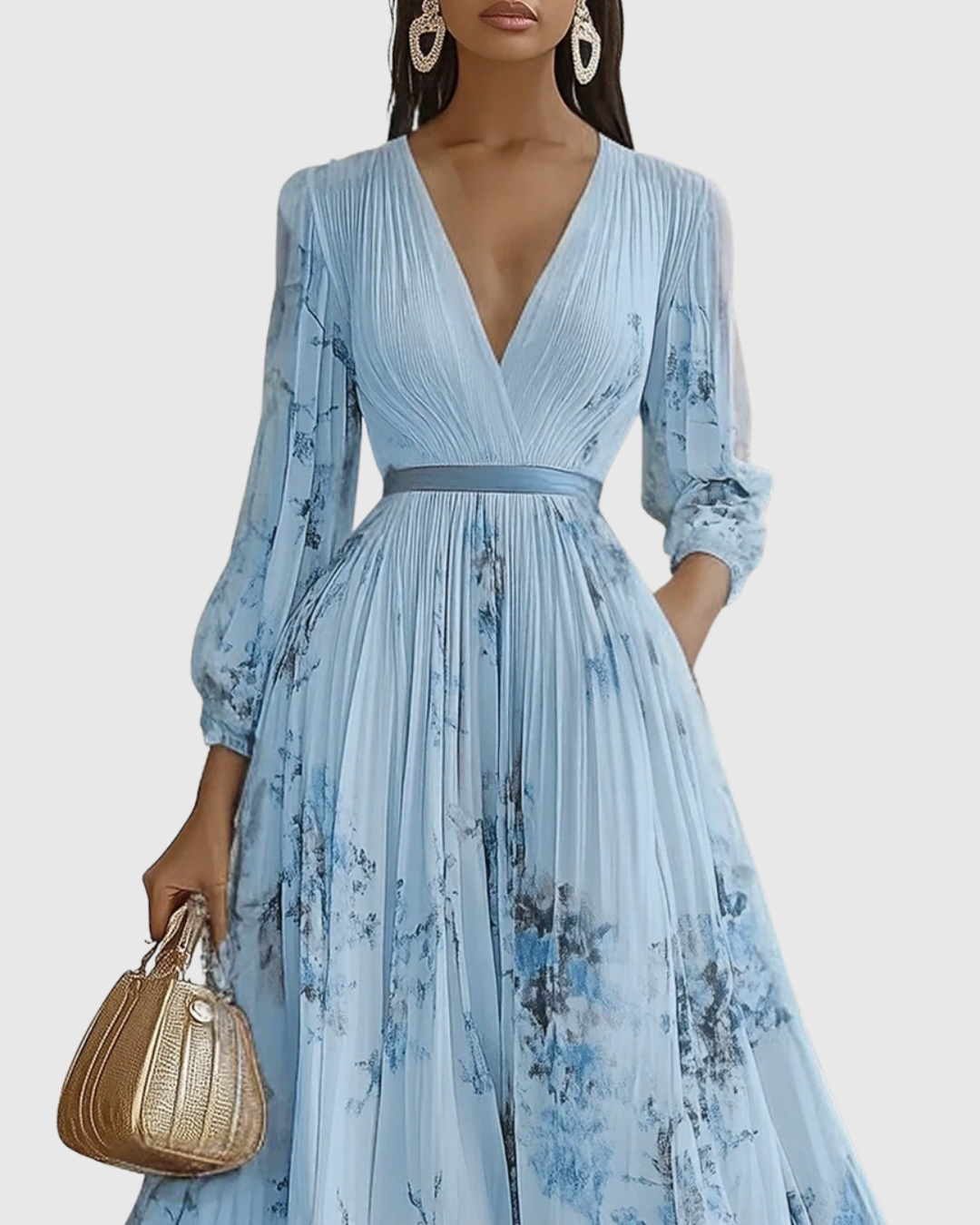 Calista | Elegant Pleated Maxi Dress in Floral White