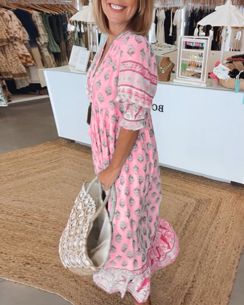 Adriana | Women's Boho Light Blue Printed Tassel Tie Midi Dress