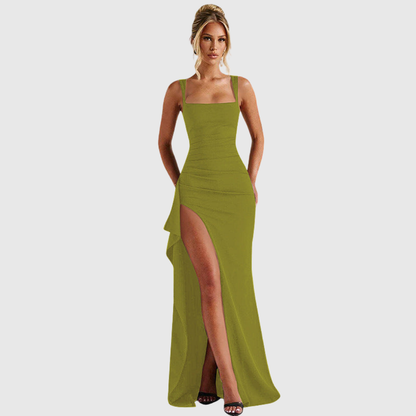 Aurora | Elegant Formal Slip Maxi Dress in Red With Open Back