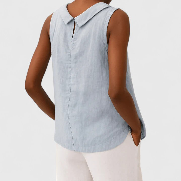 Calista | Elegant Top With Roll Collar - Light Blue Sleeveless