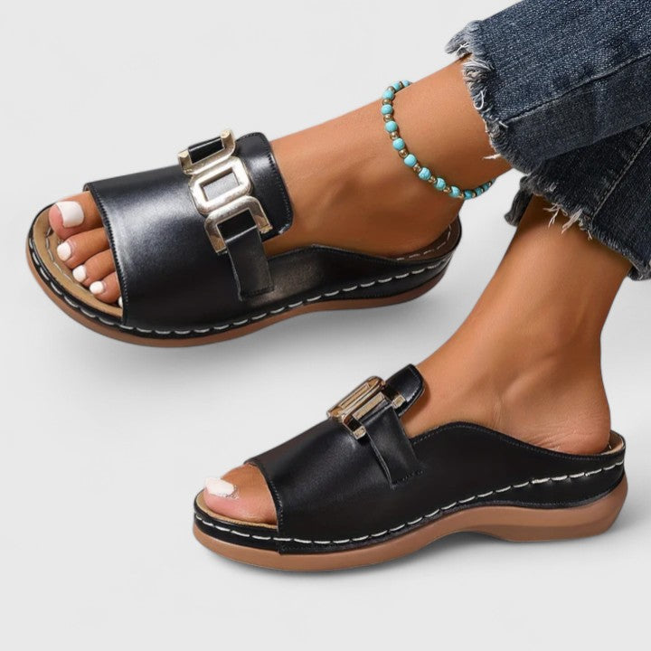 Calista | Black Leather Sophisticated Sandals