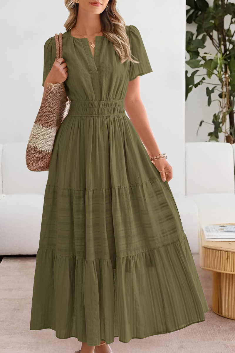 Women's Boho Short Sleeve Smocked Midi Dress in Sunny Yellow