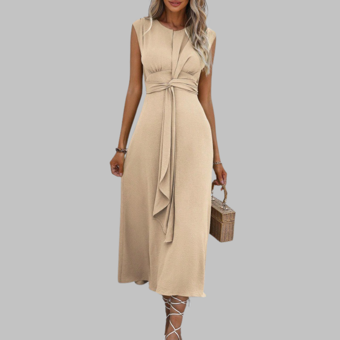 Alethea | Women’s Sleeveless Belted A Line Midi Dress in Emerald Green