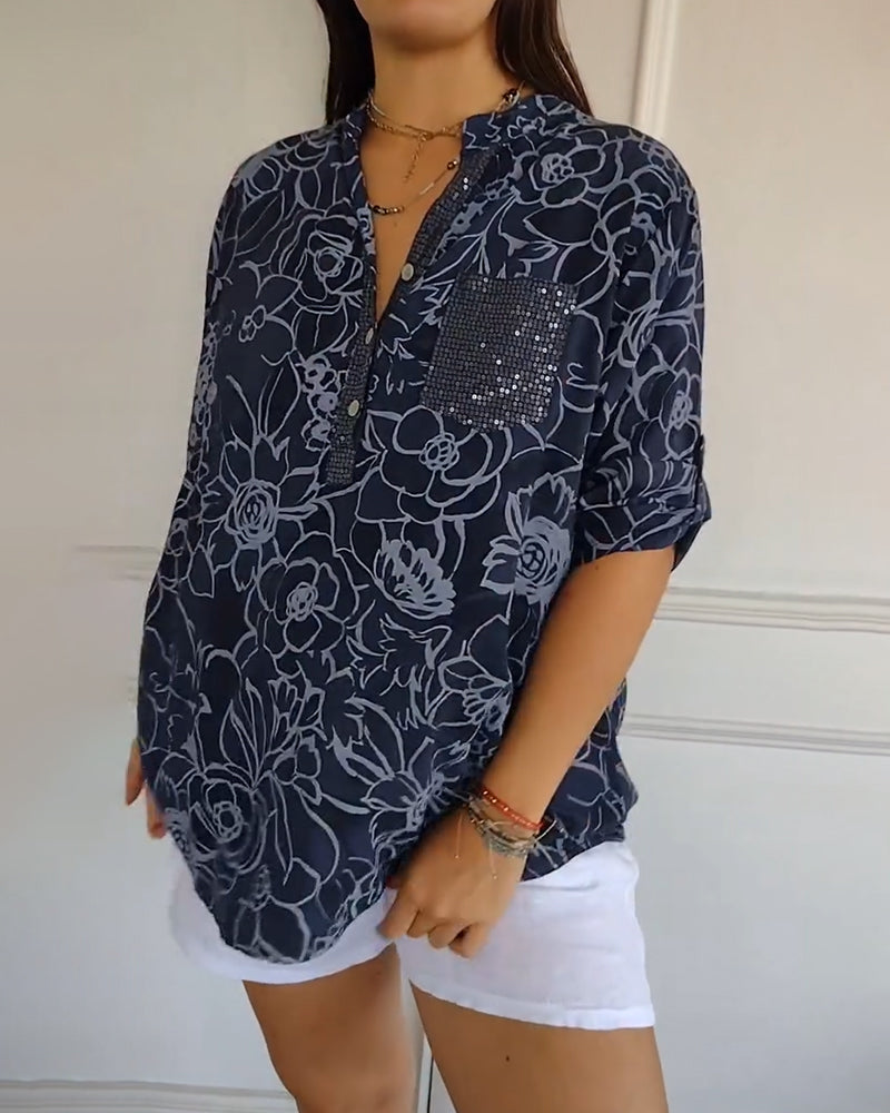 Calantha | Elegant Floral Blue Sophisticated Blouse