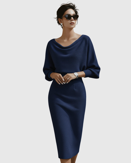 Calantha | Navy Blue Draped Batwing Midi Dress