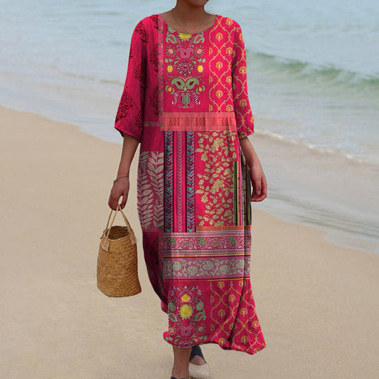 Willow | Women's Boho Patchwork Three Quarter Sleeve Maxi Dress in Vibrant Pink