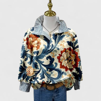 Calista | Floral Elegant Blouse with Striped Collar