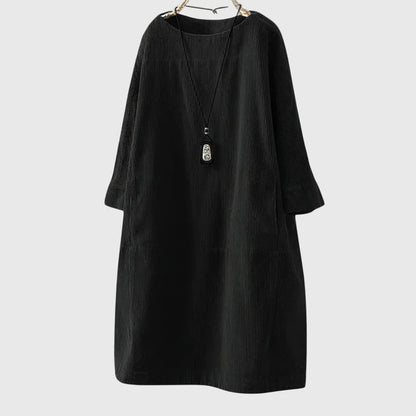 Alethea | Elegant Black Relaxed Corduroy Midi Dress