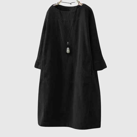 Alethea | Elegant Black Relaxed Corduroy Midi Dress