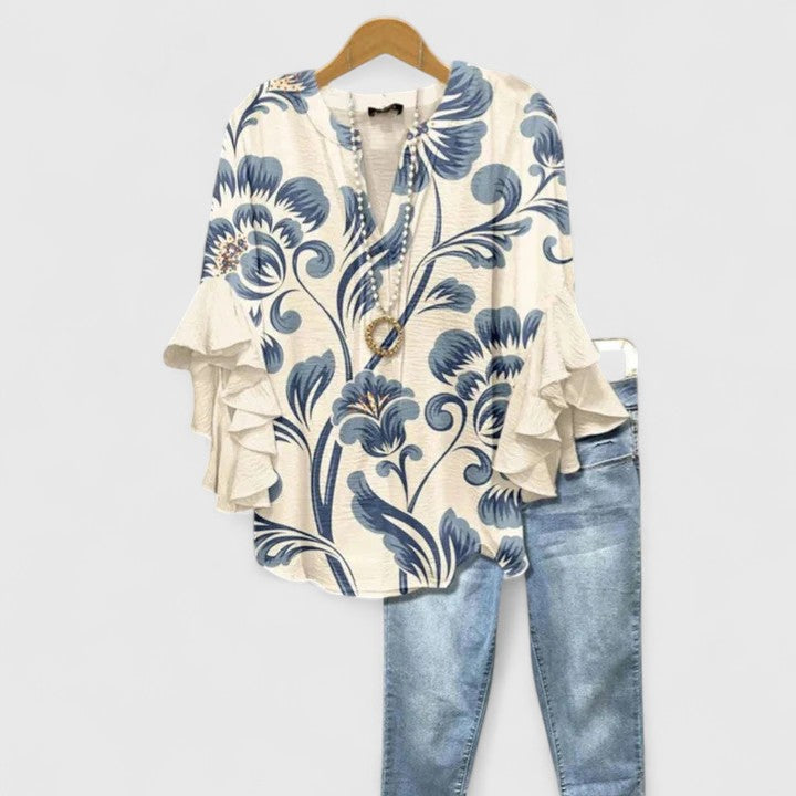 Calantha | Elegant Blue Floral Comfortable Blouse