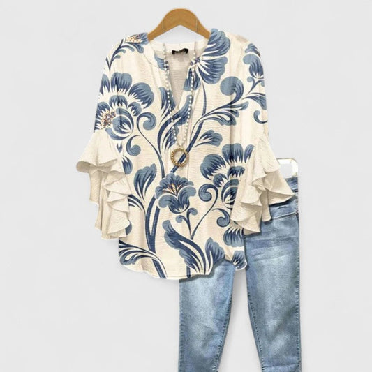 Calantha | Elegant Blue Floral Comfortable Blouse