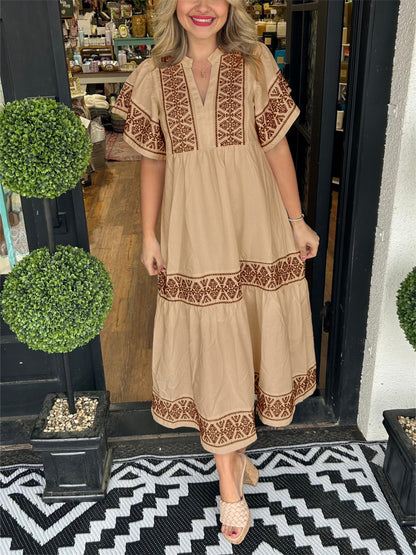 Astrid | Women’s Summer Boho V Neck Midi Dress in Black Embroidered