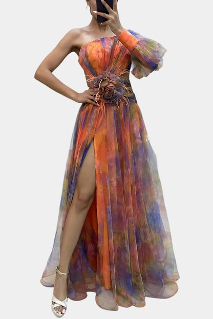 Calantha | Elegant Maxi Dress in Floral Tie-Dye Chiffon