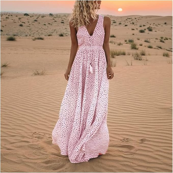 Astrid | Women's Boho Sleeveless V Neck Beige Polka Dot Maxi Dress