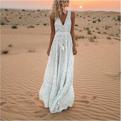 Astrid | Women's Boho Sleeveless V Neck Beige Polka Dot Maxi Dress