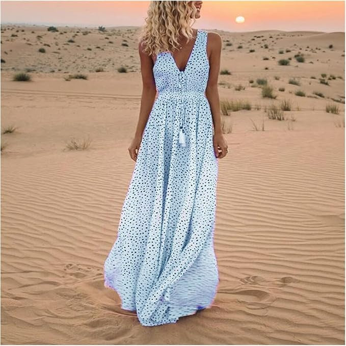 Astrid | Women's Boho Sleeveless V Neck Beige Polka Dot Maxi Dress