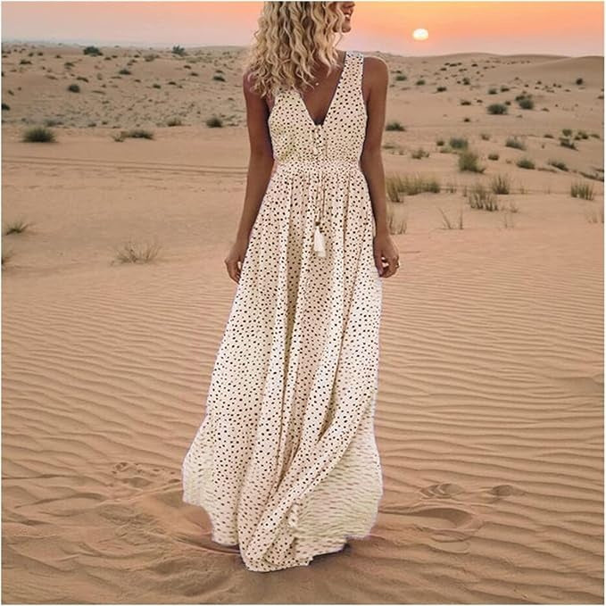 Astrid | Women's Boho Sleeveless V Neck Beige Polka Dot Maxi Dress