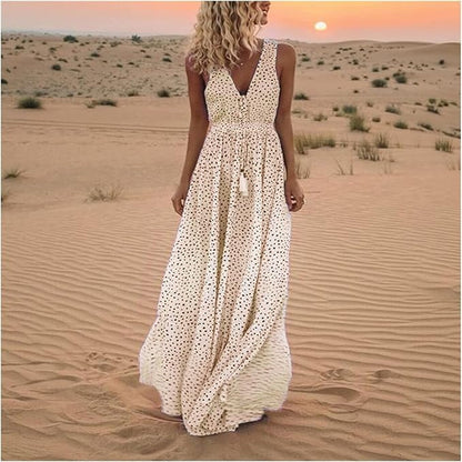 Astrid | Women's Boho Sleeveless V Neck Beige Polka Dot Maxi Dress