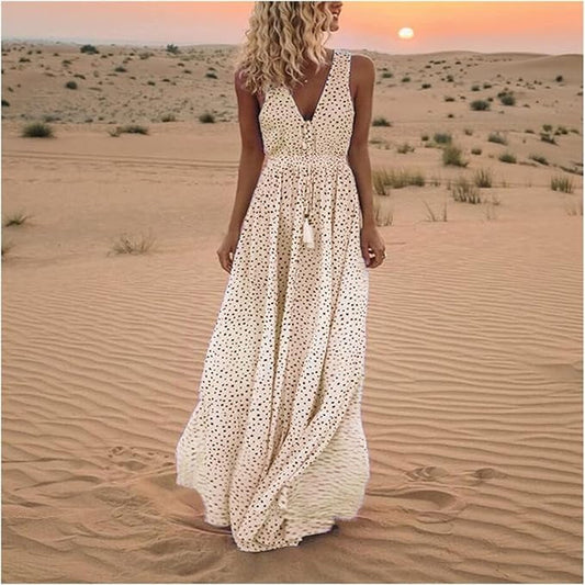 Astrid | Women's Boho Sleeveless V Neck Beige Polka Dot Maxi Dress