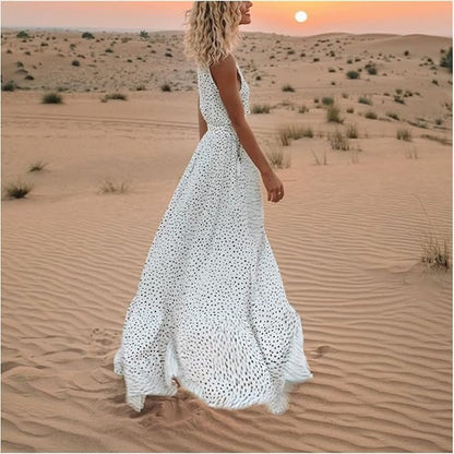 Astrid | Women's Boho Sleeveless V Neck Beige Polka Dot Maxi Dress