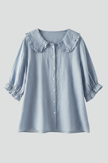 Alethea | Light Blue Women's Casual Shirt with Ruffled Collar and Buttons