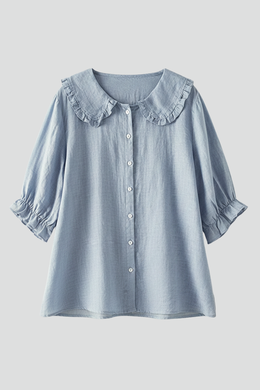 Alethea | Light Blue Women's Casual Shirt with Ruffled Collar and Buttons