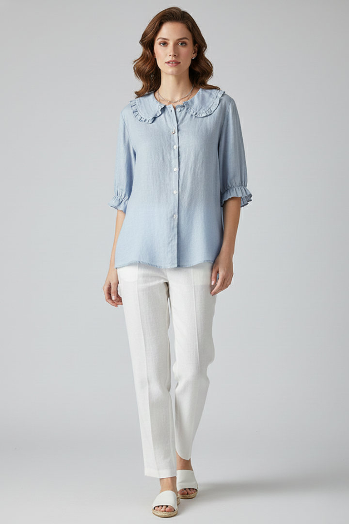 Alethea | Light Blue Women's Casual Shirt with Ruffled Collar and Buttons