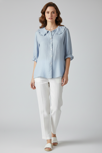Alethea | Light Blue Women's Casual Shirt with Ruffled Collar and Buttons