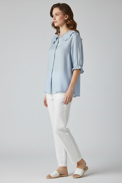 Alethea | Light Blue Women's Casual Shirt with Ruffled Collar and Buttons
