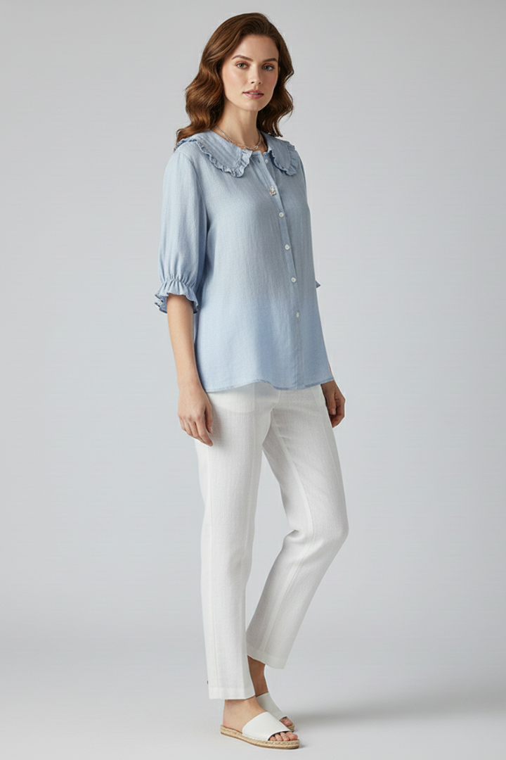 Alethea | Light Blue Women's Casual Shirt with Ruffled Collar and Buttons