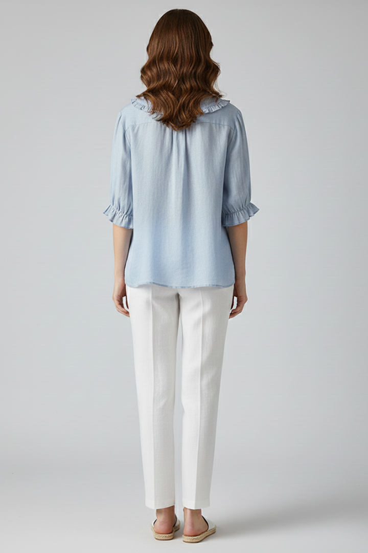 Alethea | Light Blue Women's Casual Shirt with Ruffled Collar and Buttons