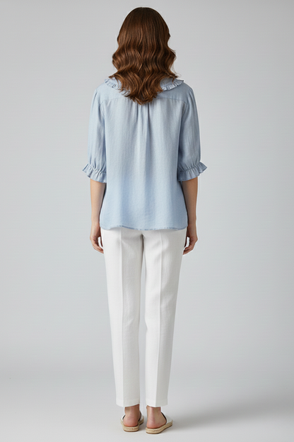 Alethea | Light Blue Women's Casual Shirt with Ruffled Collar and Buttons