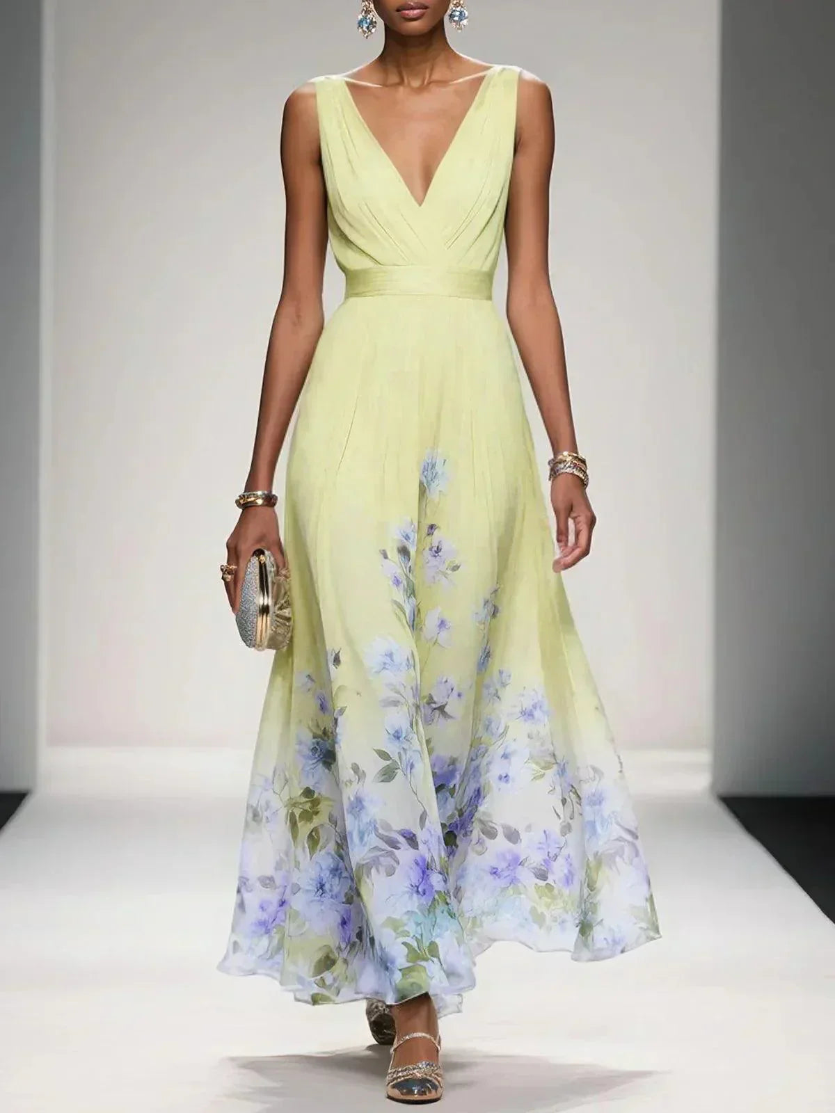 Calista | Women's Elegant Light Blue Floral Print Wedding Guest Dress