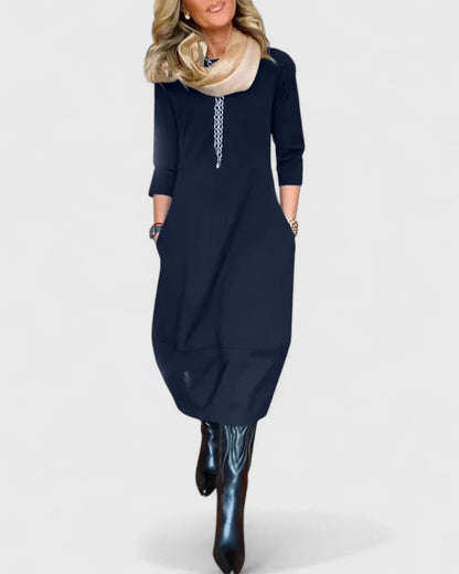 Kalynda | Elegant Brown Midi Dress with 3/4 Sleeves