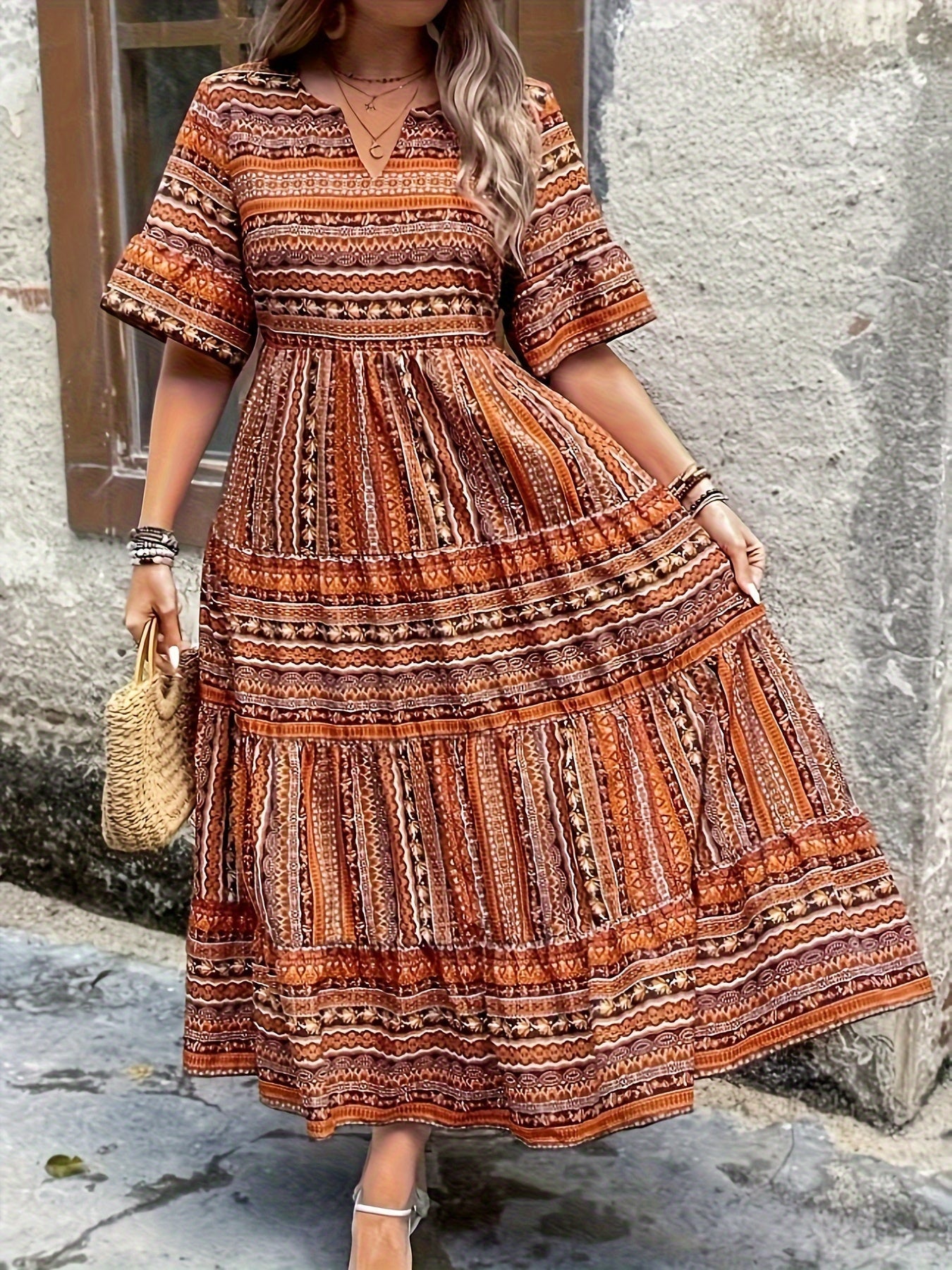 Willow | Women’s Boho Printed Flowy Midi Dress in Green