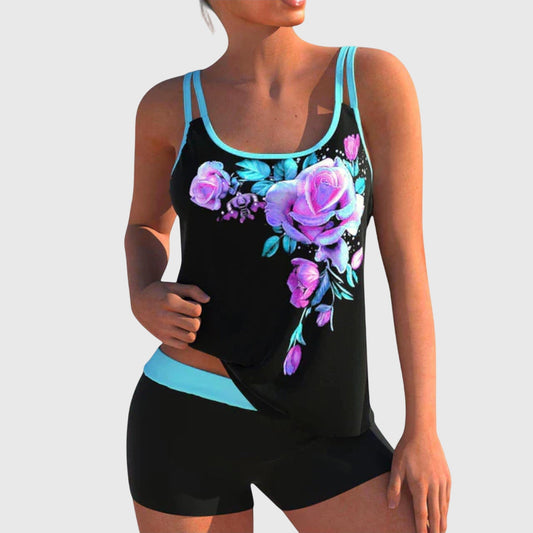 Alethea | Women's Floral Print Black Two-Piece Swimsuit Set with Turquoise Accents