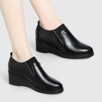 Calantha | Elegant Black Leather Wedge Shoes