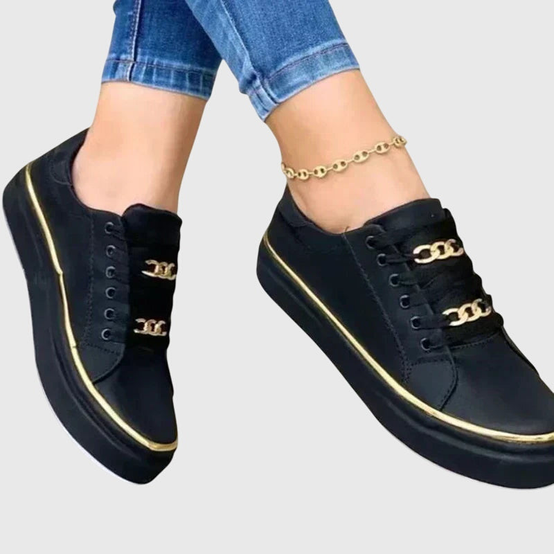Alethea | Luxury Black Orthopedic Shoes with Gold Accents