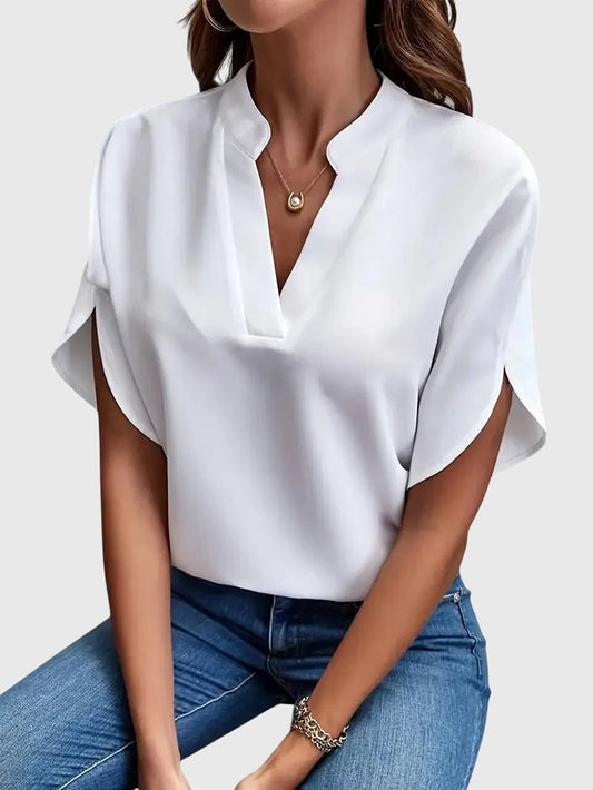 Calantha | Luxury White Soft And Elegant V-Neck Shirt