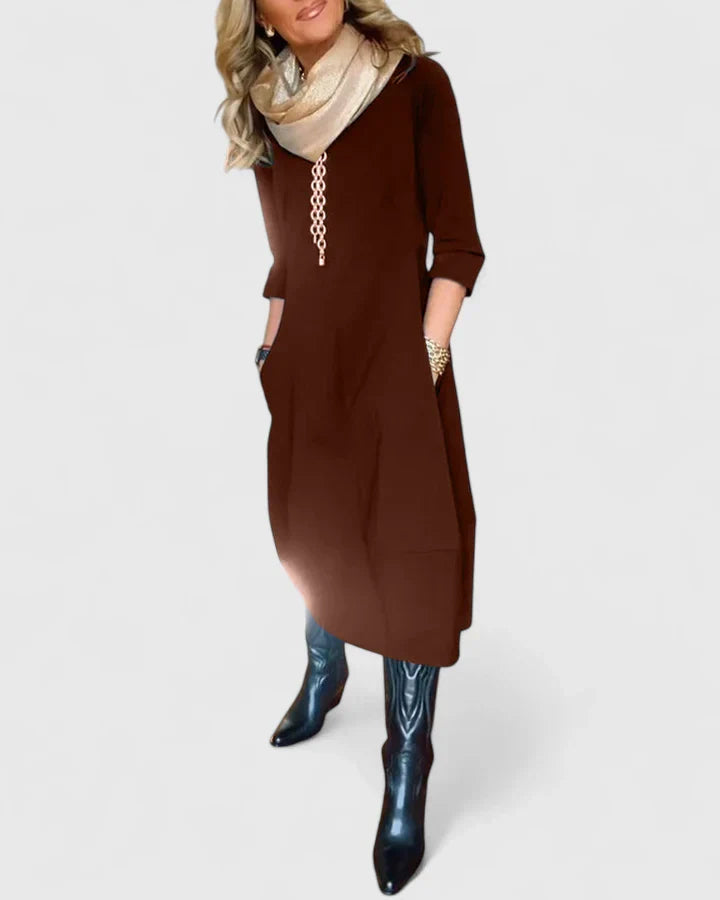 Kalynda | Elegant Brown Midi Dress with 3/4 Sleeves
